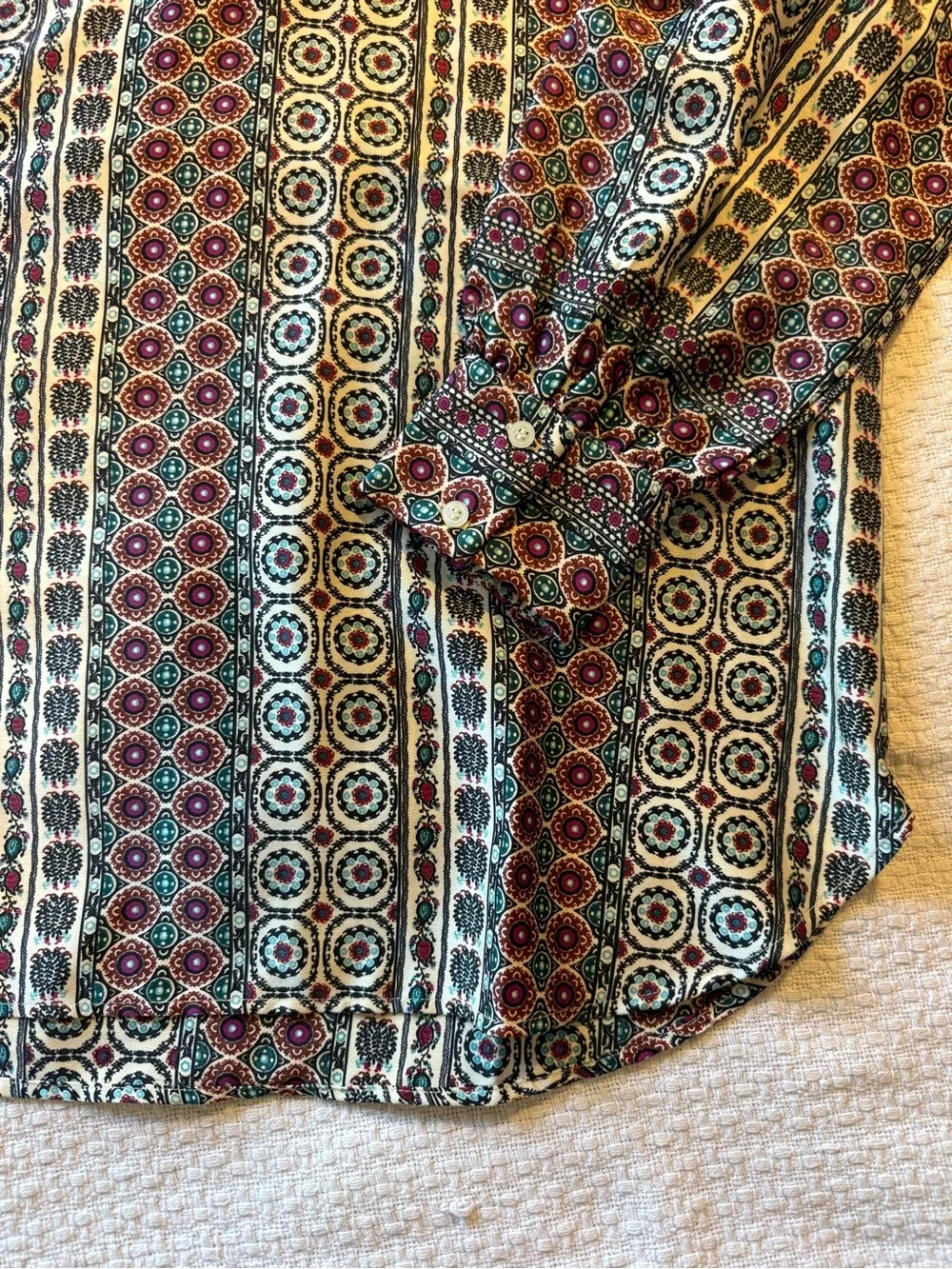 LOFT Cream Blouse with Burgundy & Teal Medallion Print